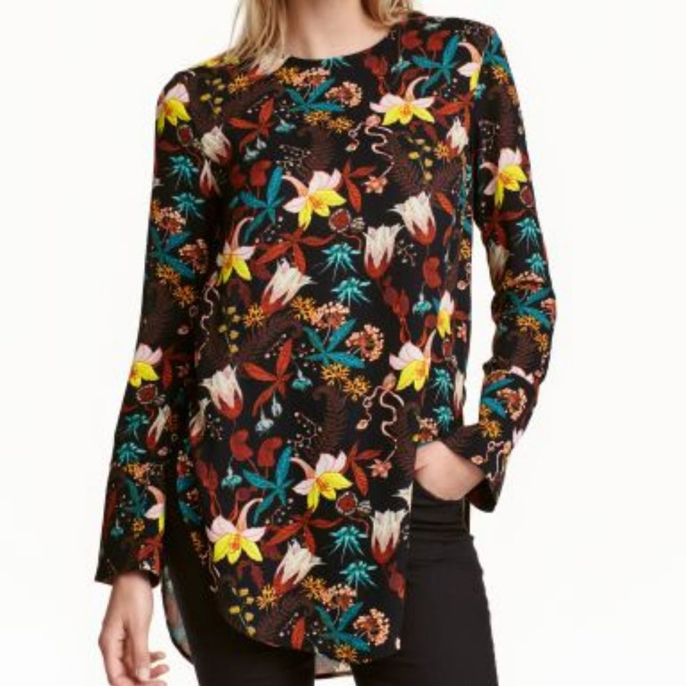 H&M Black Floral Long-Sleeved Blouse